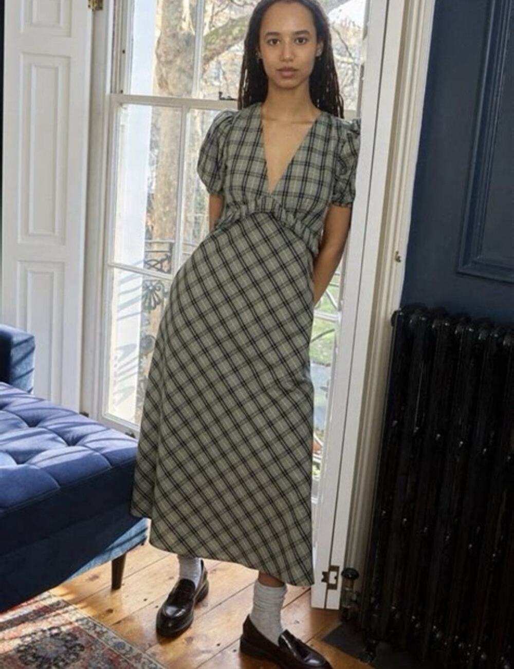 Lisa Says Gah Emma V-Neck Midi Dress Moss Green Plaid Small Cottagecore New G25